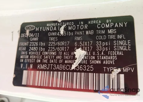 2012 Hyundai Tucson Gl z USA, uszkodzony, nr VIN KM8JT3AB6CU436325